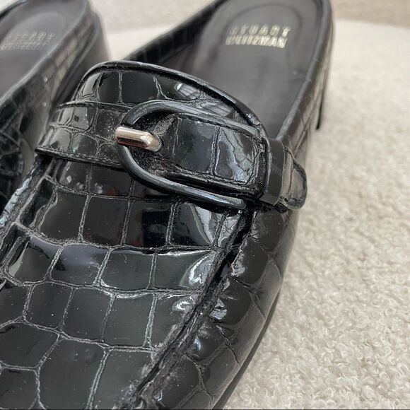 Stuart Weitzman Black Crocodile Patent Leather Block Heel Mules Shoes 8 Narrow - Picture 10 of 11